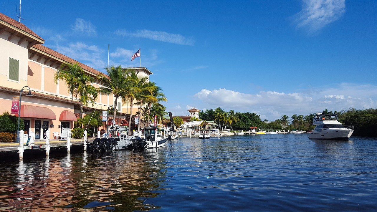 One place for seniors to move to is a Florida coastal city with waterfront houses and boats.